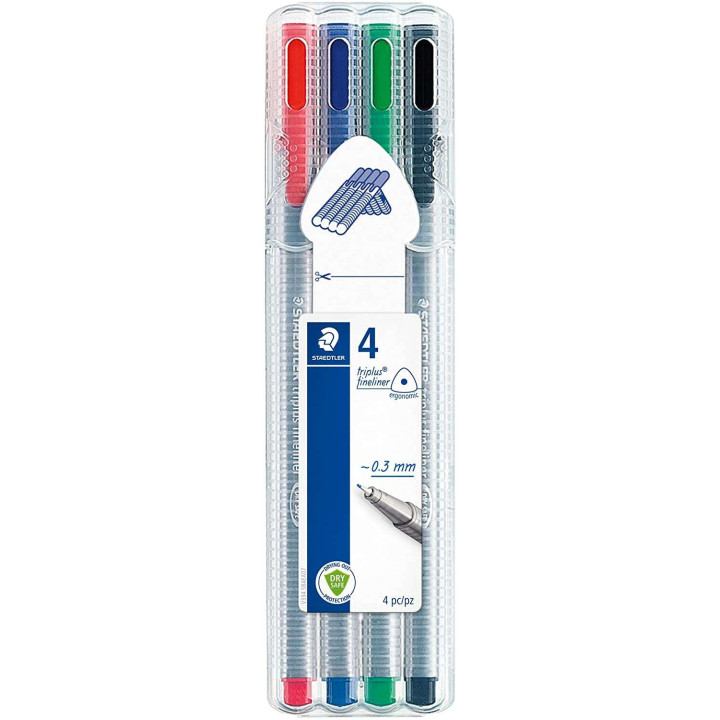 Staedtler Triplus Fineliner 334 Pack de 4 Rotuladores de Punta Fina - Trazo 0.3 mm Aprox - Tinta Base de Agua - Colores Surtido