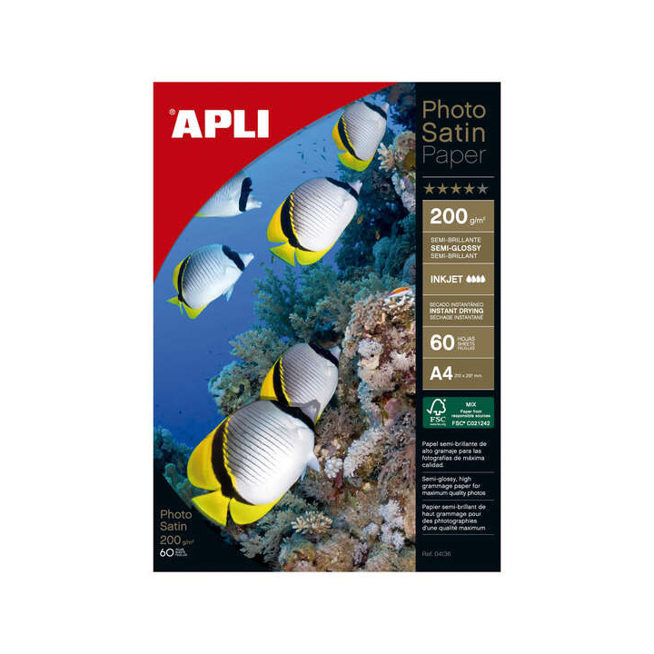 Apli Photosatin Pack de 60 Hojas de Papel Fotografico A4 200gr - Acabado Semibrillante - Apto para Impresoras Inkjet