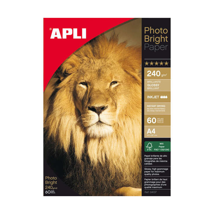 Apli Pack de 60 Hojas de Papel Fotografico Photobright A4 240g/m² - Acabado Brillante