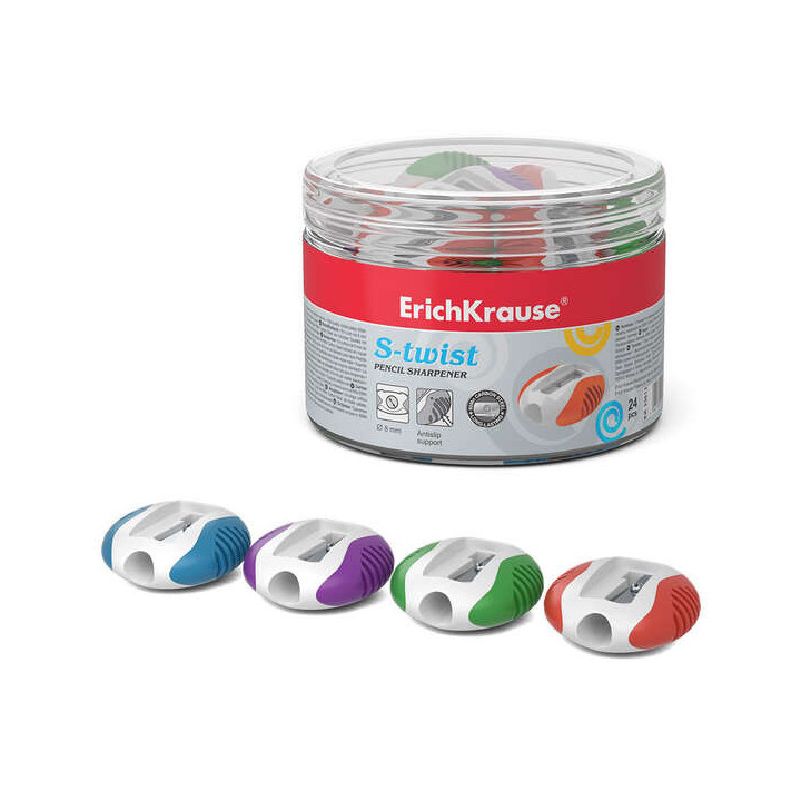 Erichkrause S-Twist Sacapuntas de Plastico con Bordes de Goma Antideslizantes - Orificio de 8mm - Cuchilla en Forma de Espiral