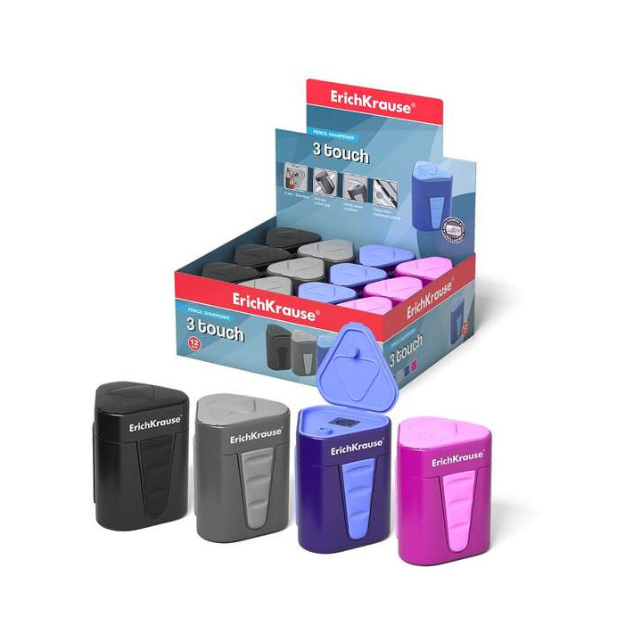 Erichkrause Sacapuntas de Plastico 3-Touch con Deposito y Tapa - Contenedor Grande para Virutas - Bordes de Goma Antideslizante