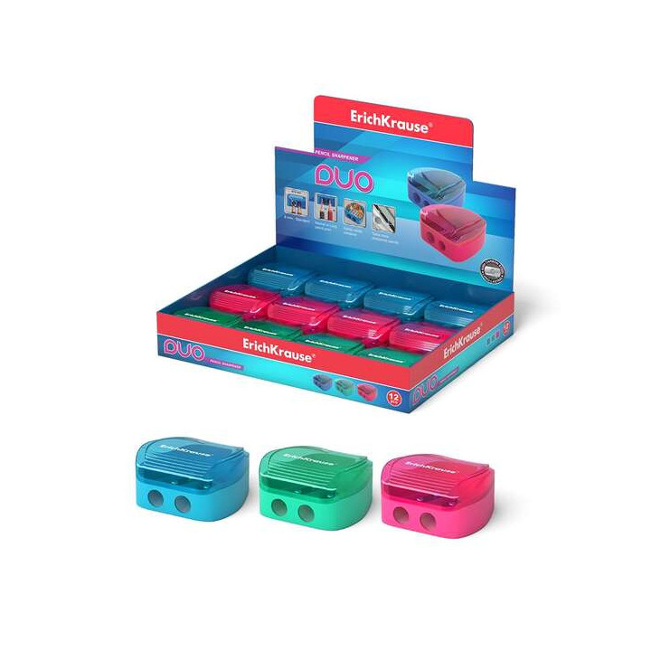 Erichkrause Duo - Sacapuntas Doble de Plastico - Contenedor para Virutas - Colores Neon - Diametro de 8mm - Cuchilla de Acero a