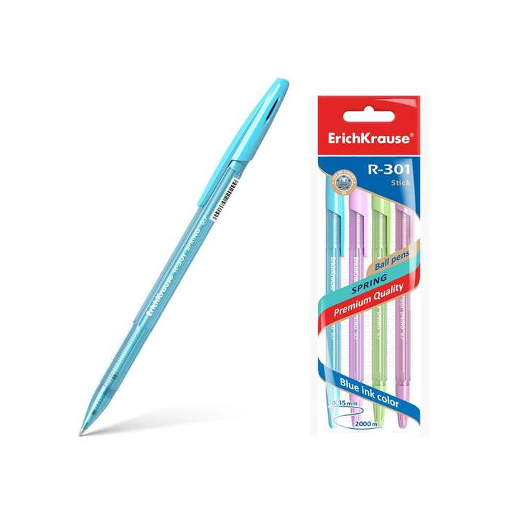 Erichkrause Pack de 4 Boligrafos R-301 Spring Stick 0.7 - Cuerpo Hexagonal Translucido - Tinta de Secado Rapido - Color Azul