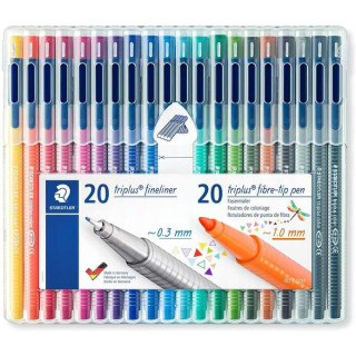Staedtler Triplus Pack de 20 Rotuladores de Punta Fina 0.3mm + 20 Rotuladores de Punta Fibra 1mm - Capuchon con Clip - Colores