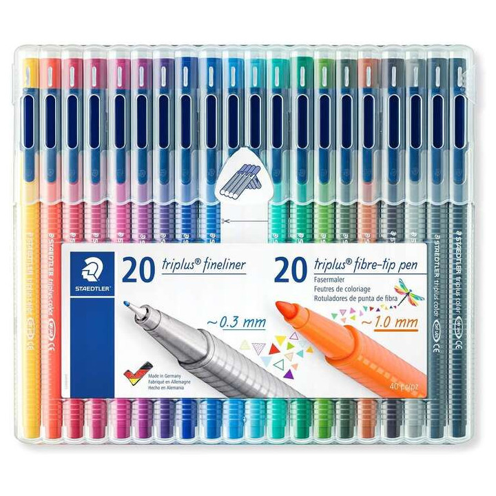 Staedtler Triplus Pack de 20 Rotuladores de Punta Fina 0.3mm + 20 Rotuladores de Punta Fibra 1mm - Capuchon con Clip - Colores