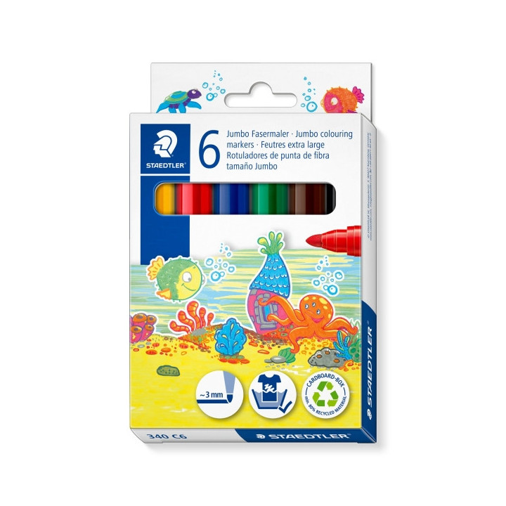 Staedtler Noris Jumbo 340 Pack de 6 Rotuladores Jumbo - Punta de Fibra - Trazo 3mm - Tapa Ventilada - Colores Surtidos