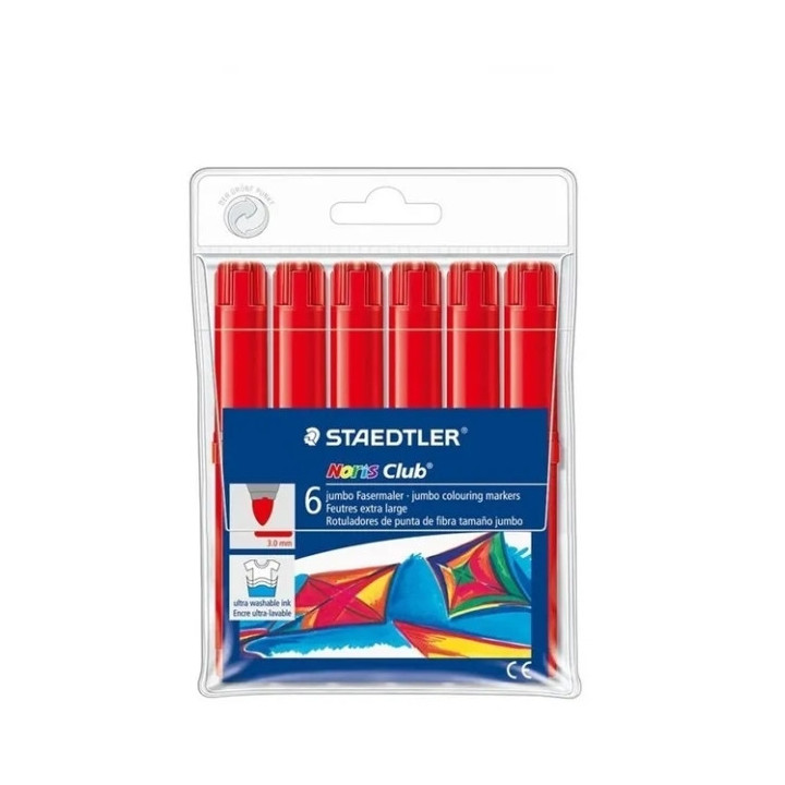 Staedtler Noris Jumbo 340 Pack de 6 Rotuladores Jumbo - Punta de Fibra - Trazo 3mm - Tapa Ventilada - Color Rojo