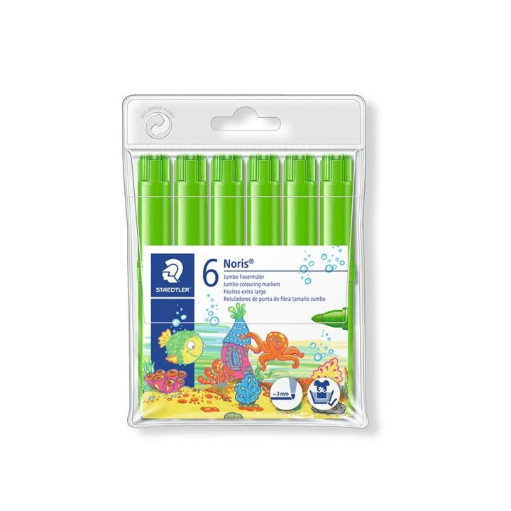 Staedtler Noris Jumbo 340 Pack de 6 Rotuladores Jumbo - Punta de Fibra - Trazo 3mm - Tapa Ventilada - Color Verde Claro