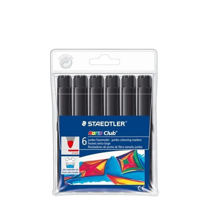 Staedtler Noris Jumbo 340 Pack de 6 Rotuladores Jumbo - Punta de Fibra - Trazo 3mm - Tapa Ventilada - Color Negro
