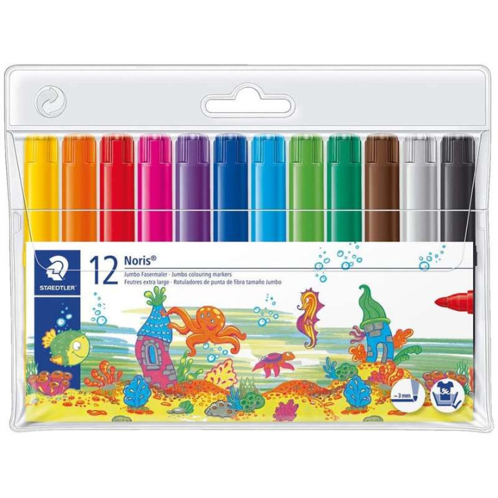 Staedtler Noris 340 Pack de 12 Rotuladores de Gran Tamaño - Trazo 3mm Aprox - Lavable Facilmente - Tinta Base de Agua - Colore