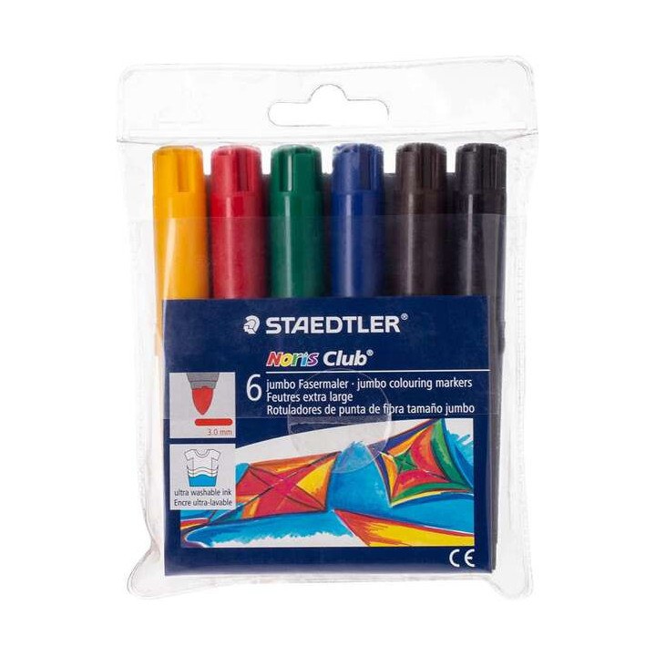 Staedtler Noris Watercolour 341 Pack de 6 Rotuladores de Gran Tamaño - Trazo 3mm Aprox - Lavable Facilmente - Tinta Base de Ag