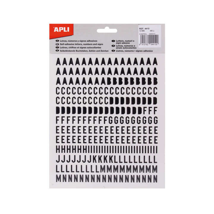 Apli Letras de Palo Mayusculas Adhesivas - Altura 10mm - Color Negro - Pack de 2 Hojas con 486 Letras