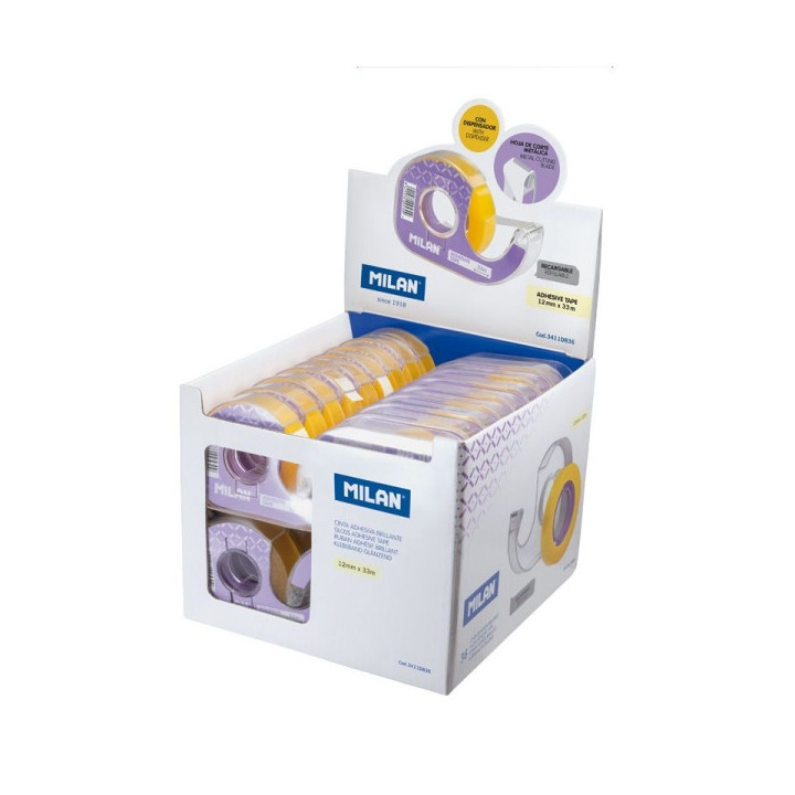 Milan Expositor de 36 Cintas Adhesivas Transparentes con Dispensador - Medidas 12mm x 33m - Color Amarillo Transparente