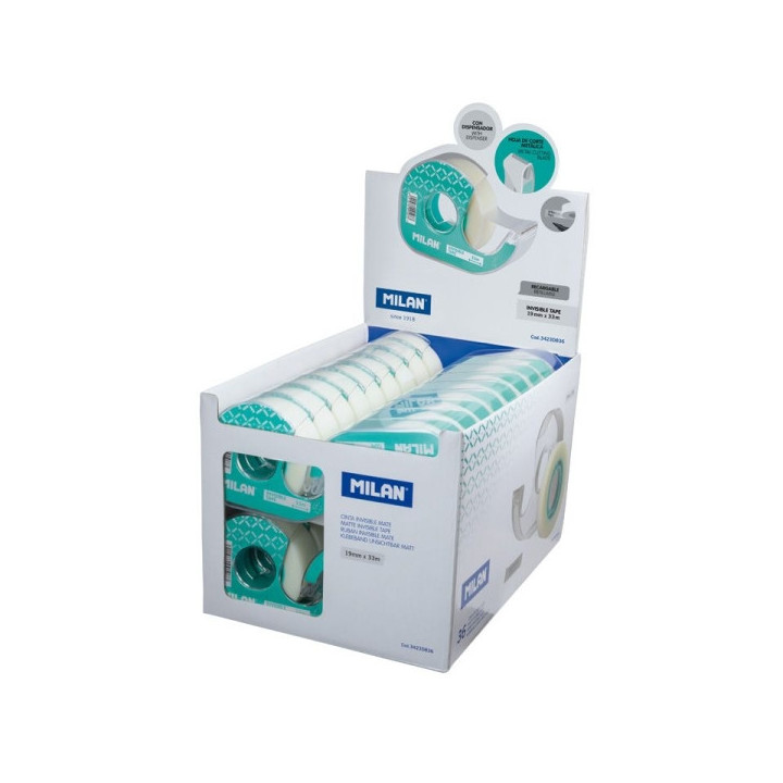 Milan Expositor de 36 Cintas Adhesivas Invisibles con Dispensador - Medidas 19mm x 33m - Color Transparente Mate