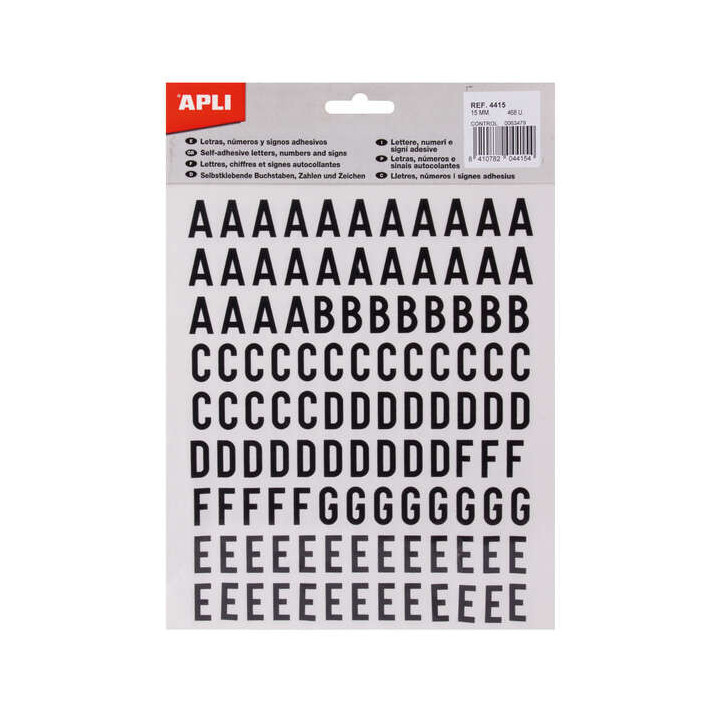 Apli Letras Adhesivas de Palo Mayusculas - Altura 15mm - Pack de 4 Hojas con 468 Letras - Color Negro