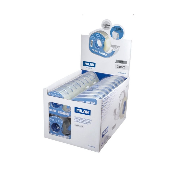 Milan Expositor de 36 Cintas Adhesivas Transparentes con Dispensador - Medidas 19mm x 33m - Color Transparente Brillante