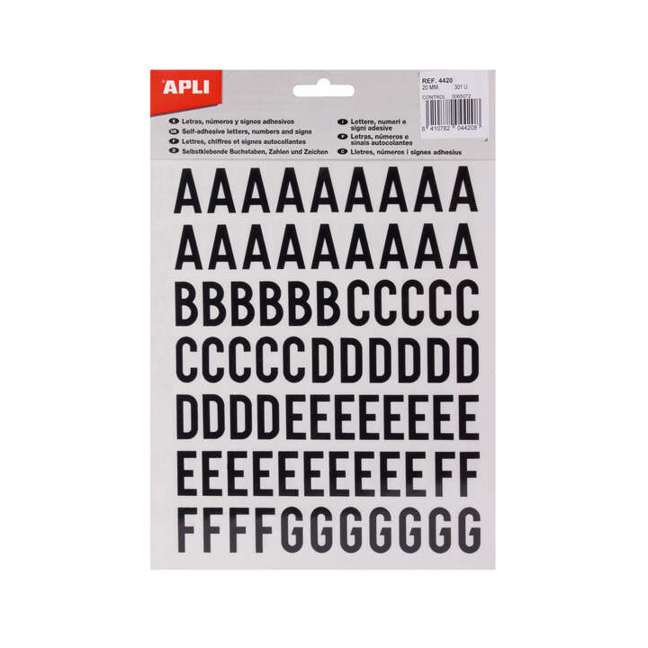 Apli Letras de Palo Mayusculas Adhesivas - Altura 20mm - Color Negro - Pack de 4 Hojas (301 Letras)