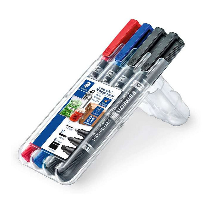 Staedtler Lumocolor 348 Pack de 4 Rotuladores Permanentes de Doble Punta - Secado Rapido - Colores Surtidos