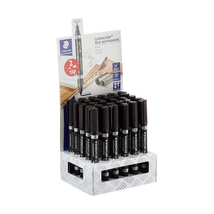 Staedtler Lumocolor 348 Expositor de 30 Rotuladores Permanentes de Doble Punta - Secado Rapido - Color Negro
