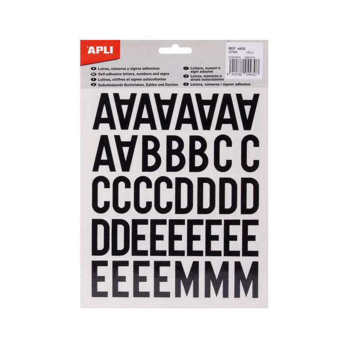 Apli Letras Adhesivas de Palo Mayusculas - Altura 30mm - Color Negro - Pack de 4 Hojas con 153 Letras