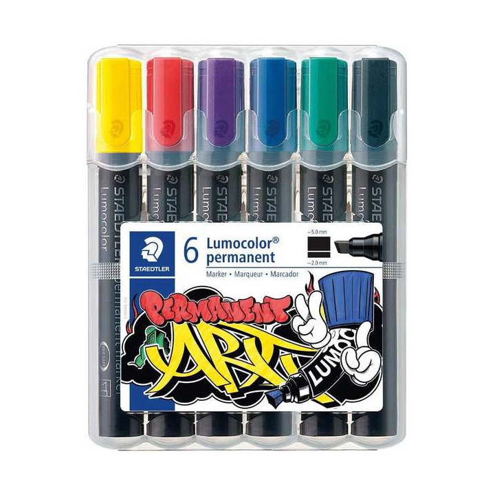 Staedtler Lumocolor 350 Pack de 6 Rotuladores Permanentes - Punta Biselada - Colores Surtidos