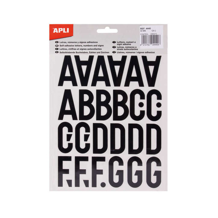 Apli Letras de Palo Mayusculas Adhesivas - Altura 40mm - Pack de 5 Hojas - Color Negro - Facil Identificacion y Señalizacion