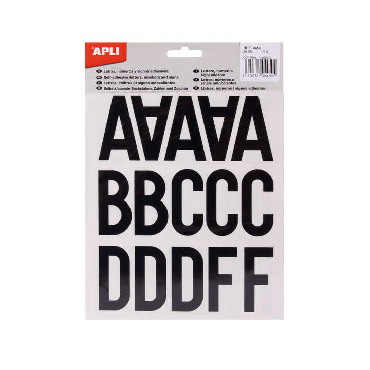 Apli Letras de Palo Mayusculas Adhesivas - Altura 50mm - Pack de 5 Hojas - Color Negro - Facil Identificacion y Señalizacion
