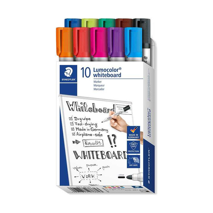 Staedtler Lumocolor 351 Pack de 10 Marcadores para Pizarra Blanca - Punta 2mm Aprox - Secado Rapido - Colores Surtidos