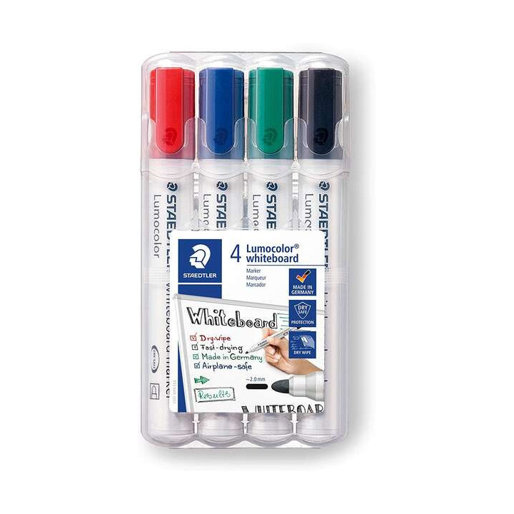Staedtler Lumocolor 351 Pack de 4 Marcadores para Pizarra Blanca - Secado Rapido - Colores Surtidos