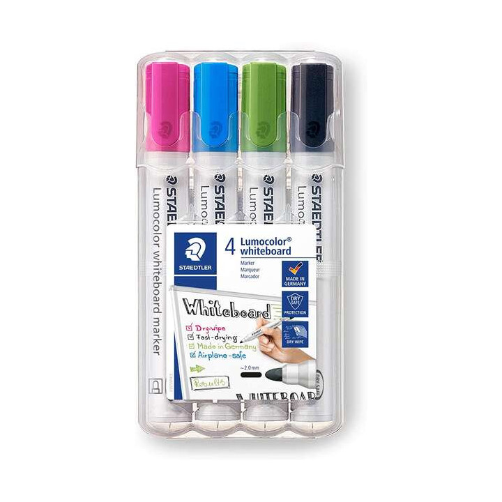 Staedtler Lumocolor 351 Pack de 4 Marcadores para Pizarra Blanca - Secado Rapido - Colores Surtidos