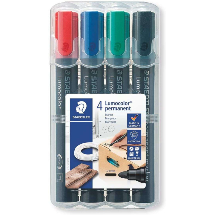 Staedtler Lumocolor 352 Pack de 4 Marcadores Permanentes - Secado Rapido - Practico Estuche de Sobremesa - Colores Rojo