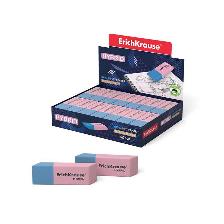 Erichkrause Hybrid Borrador de Doble Cara - Diferente Grado de Dureza - Caucho Termoplastico Hipoalergenico - Color Rosado y Az