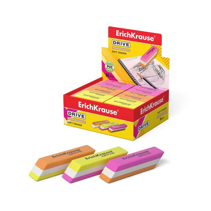 Erichkrause Drive Goma de Borrar Suave de Forma Clasica - Fabricado de Caucho Termoplastico Hipoalergenico - Diseño en Color d