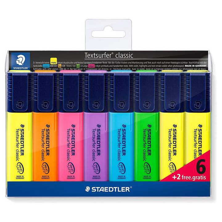 Staedtler Textsurfer Classic 364 Pack de 8 Marcadores Fluorescentes - Punta Biselada 1 - 5mm Aprox - Secado Rapido - Colores Su