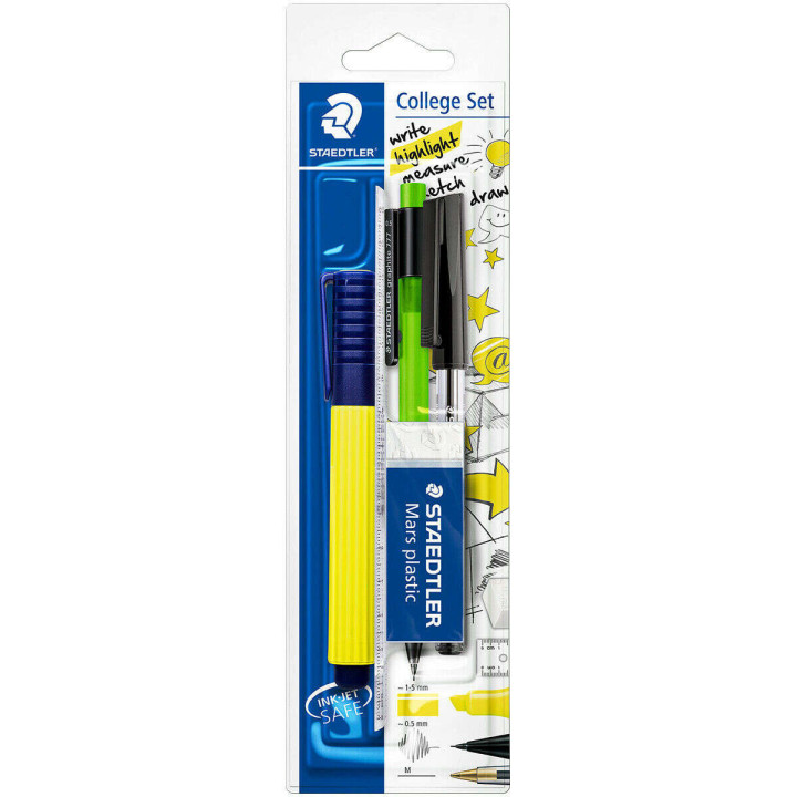 Staedtler Pack Escolar Compuesto por 1 Marcador Amarillo + 1 Goma de Borrar + 1 Boligrafo Negro + 1 Portaminas de 0.5mm + 1 Reg