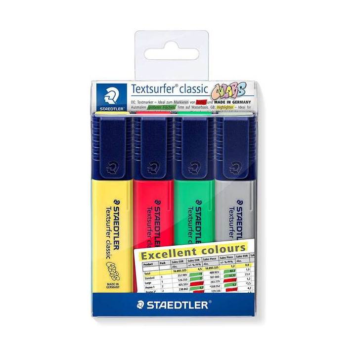 Staedtler Textsurfer Classic 364 Pack de 4 Marcadores Fluorescentes - Punta Biselada 1 - 5mm Aprox - Secado Rapido - Colores Su