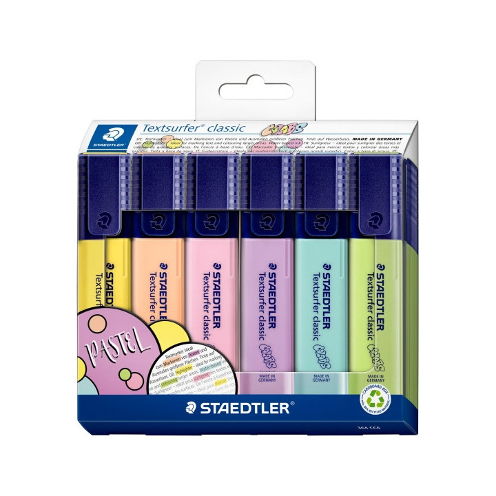Staedtler Textsurfer Classic 364 Pastel Pack de 6 Marcadores Fluorescentes - Secado Rapido - Trazo 1 - 5mm Aprox - Colores Past