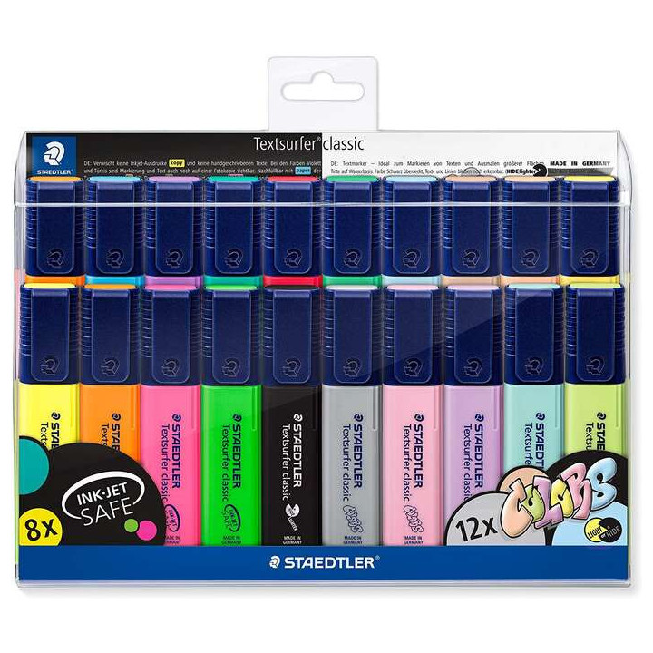 Staedtler Textsurfer Classic 364 Pack de 20 Marcadores Fluorescentes - Punta Biselada - Trazo entre 1 - 5mm - Tinta con Base de