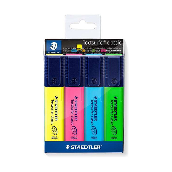Staedtler Textsurfer Classic 364 Pack de 4 Marcadores Fluorescentes - Secado Rapido - Trazo 1 - 5mm Aprox - Colores Surtidos