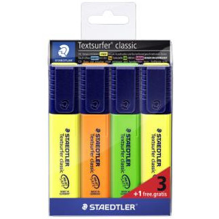 Staedtler Textsurfer Classic 364 Pack de 4 Marcadores Fluorescentes - Secado Rapido - Trazo 1 - 5mm Aprox - Colores Surtidos