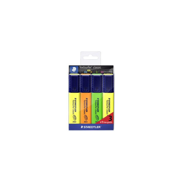 Staedtler Textsurfer Classic 364 Pack de 4 Marcadores Fluorescentes - Secado Rapido - Trazo 1 - 5mm Aprox - Colores Surtidos