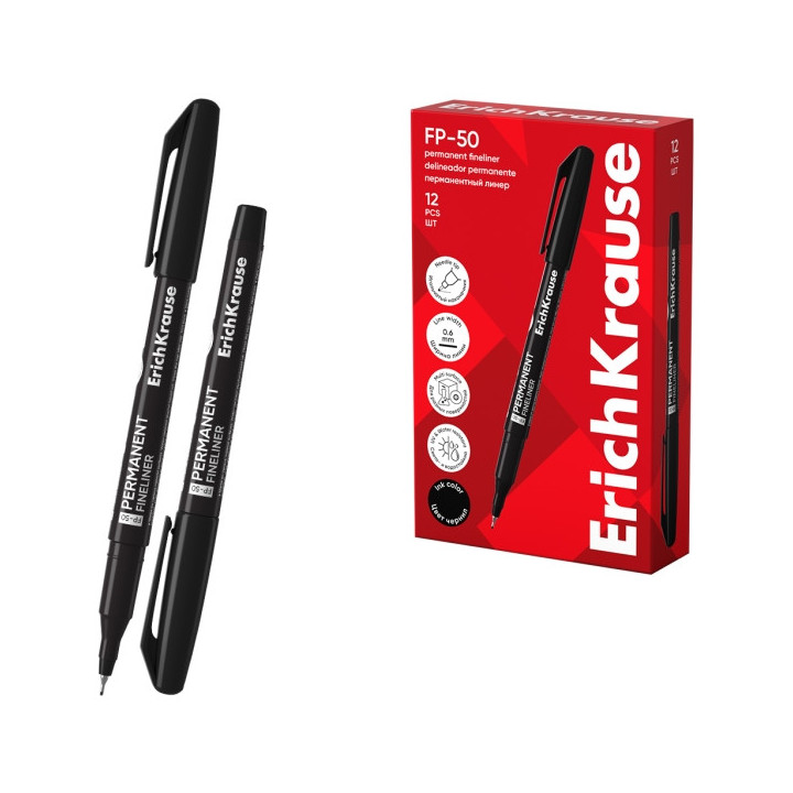 Erichkrause FP-50 Marcador Permanente - Punta Fina de 0.6mm - Resistente a la Luz y al Agua - Color Negro