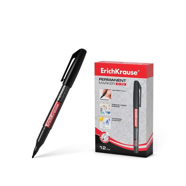 Erichkrause Marcador Permanente P-70 - Punta de Bala de 1.0mm - Resistente al Agua y a La Luz - Color Negro