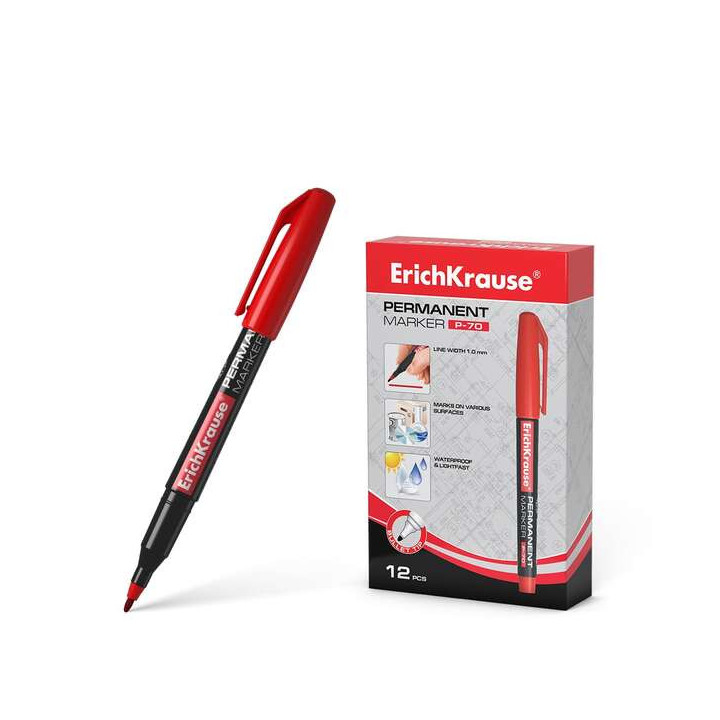 Erichkrause Marcador Permanente P-70 - Punta de Bala de 1.0mm - Resistente al Agua y a La Luz - Color Rojo