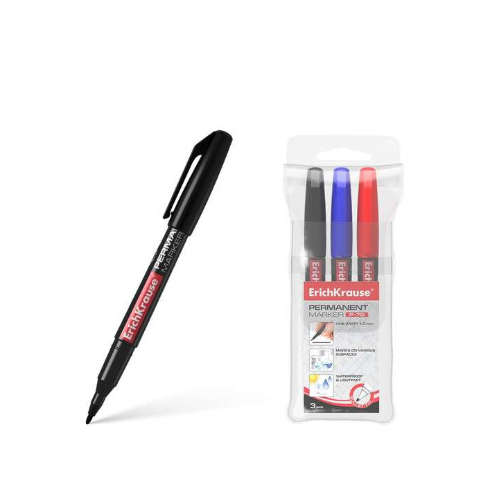 Erichkrause Pack de 3 Marcadores Permanente P-70 - Punta de Bala de 1.0mm - Resistente al Agua y a La Luz - Negro