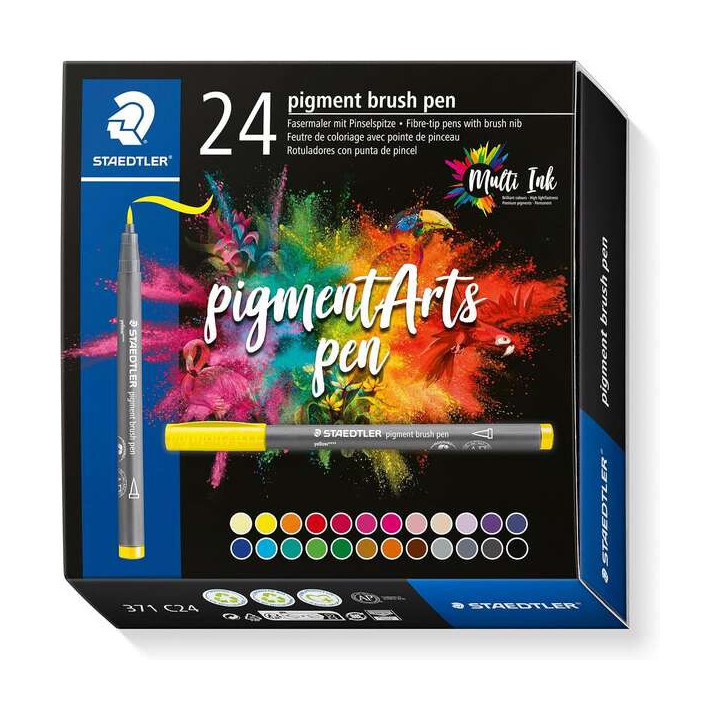 Staedtler 371 Pack de 24 Rotuladores Punta de Pincel Suave - Colores Vivos y Brillantes - No Amarillea con el Paso del Tiempo -