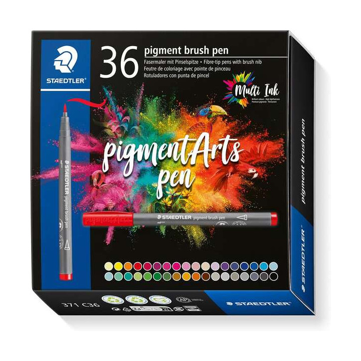 Staedtler 371 Pack de 36 Rotuladores Punta de Pincel Suave - Colores Vivos y Brillantes - No Amarillea con el Paso del Tiempo -