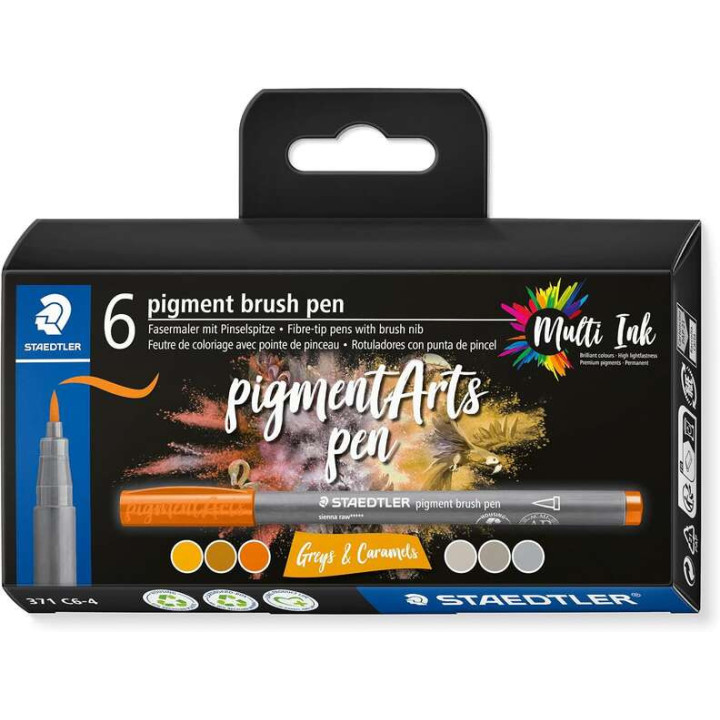 Staedtler 371 Pack de 6 Rotuladores Punta de Pincel Suave - Colores Vivos y Brillantes - No Amarillea con el Paso del Tiempo -