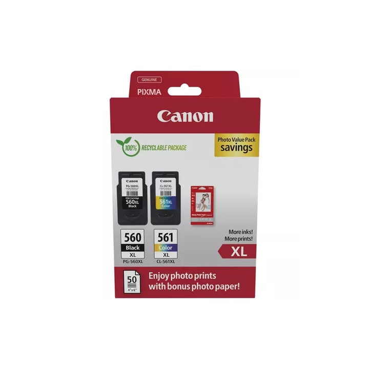 Canon PG560XL Negro + CL561XL Color Pack de 2 Cartuchos de Tinta Originales - 50 Hojas de Papel Fotografico - 3712C008/3712C004
