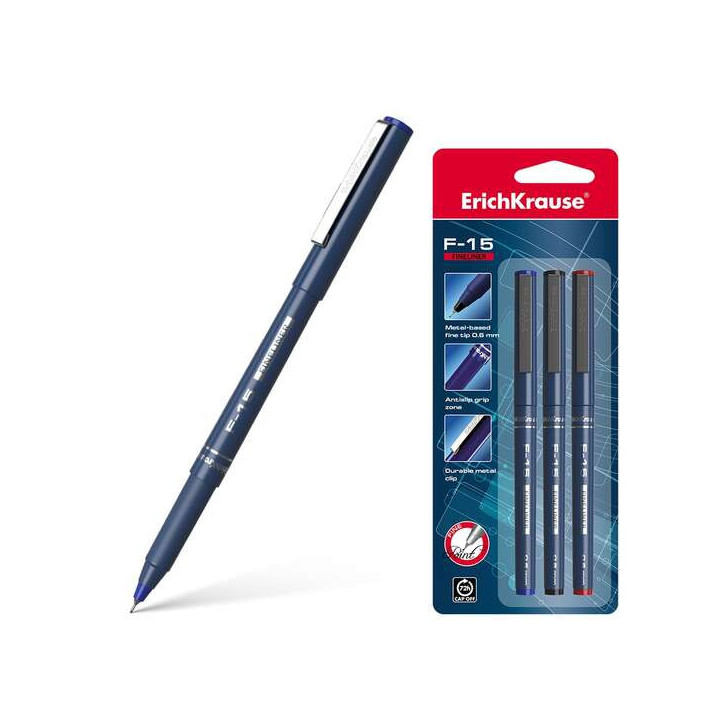 Erichkrause F-15 Pack de 3 Rotuladores Punta Fina - Trazo de 0.6mm - Clip Metalico - Color Negro
